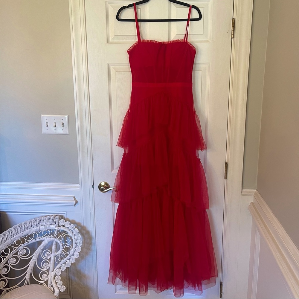 Betsy & Adam Illusion Tiered Ruffled Tulle Square Neck Mesh Sleeveless Gown